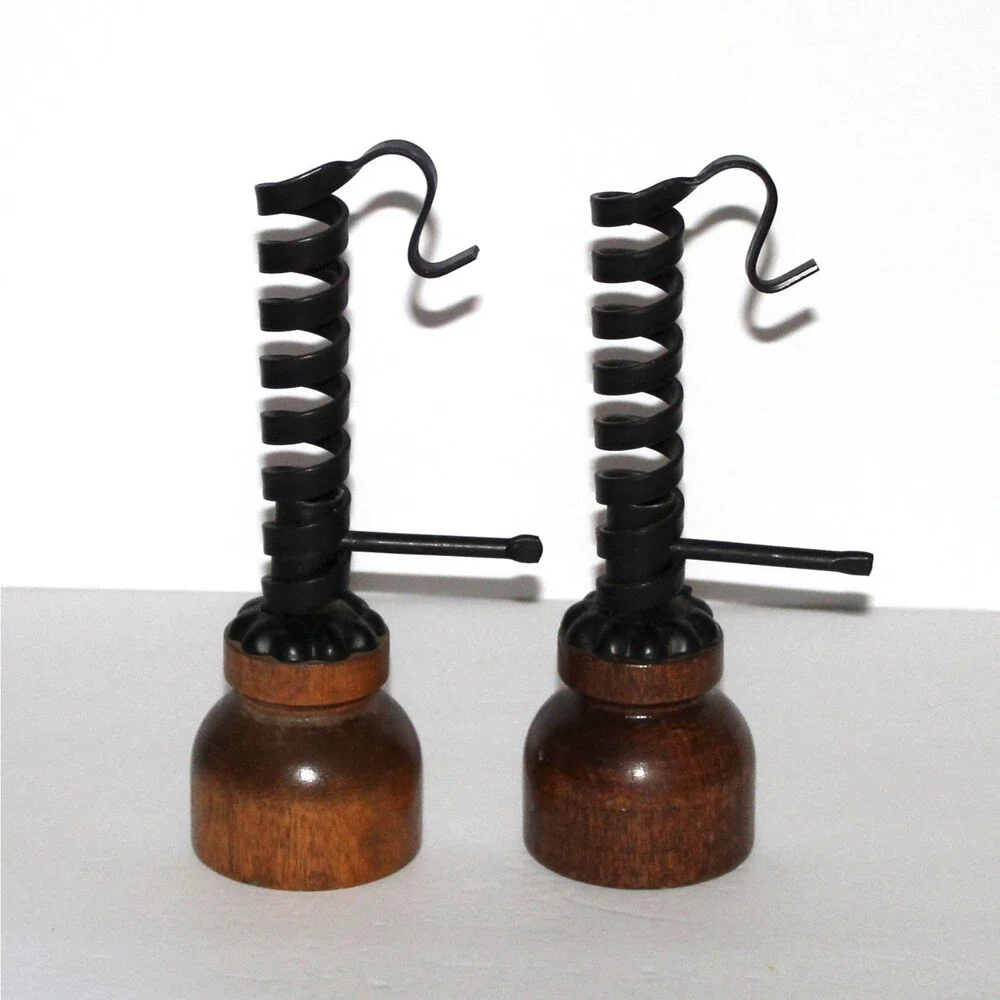 Vintage Iron And Wood Pair Of Two Matching Courting Candle Holders